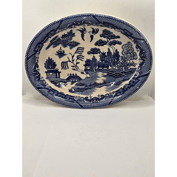 Antique Blue Willow Oval Veg. Serving Bowl 10 Inch, Japan Chip - Picture 15 of 15